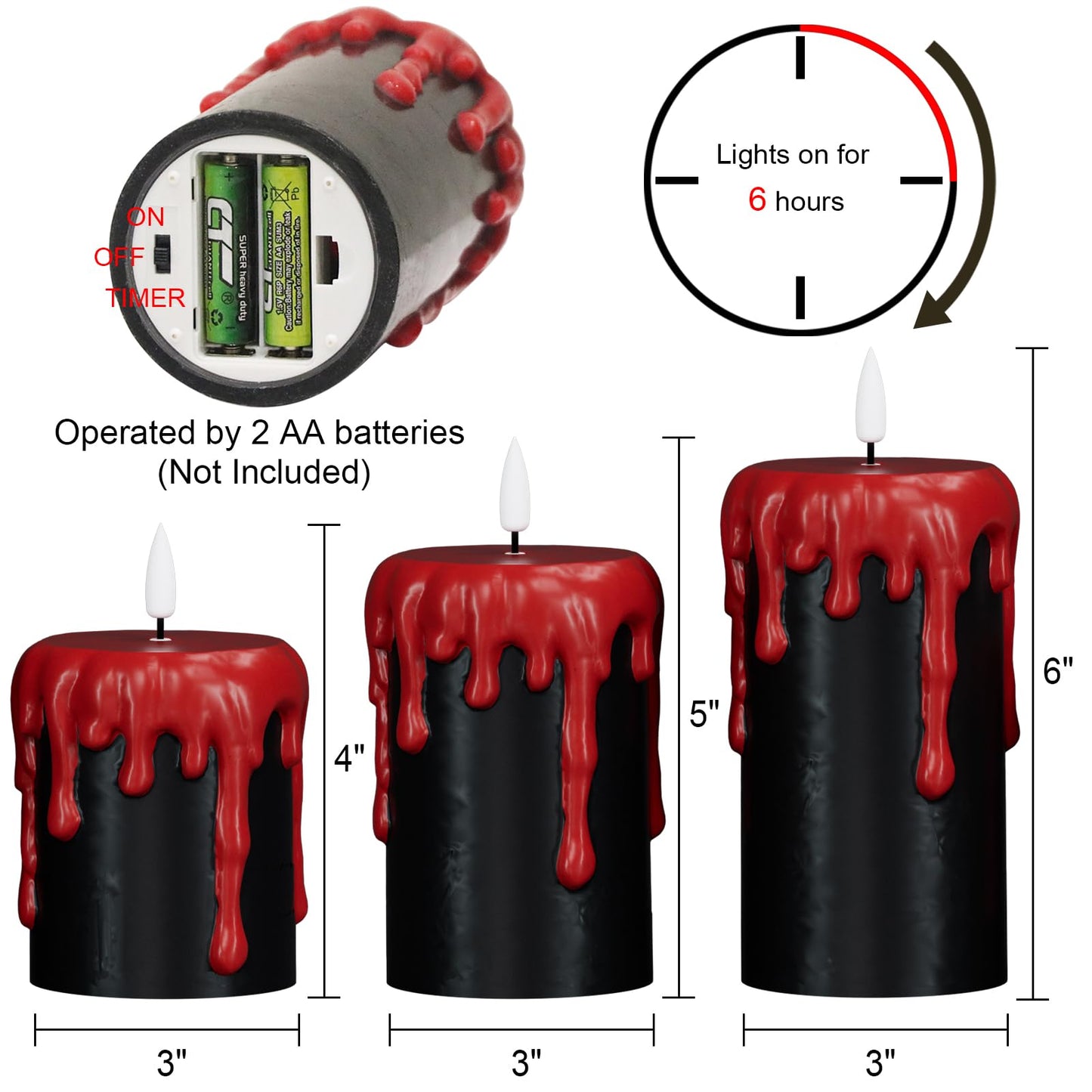 Wondise Halloween Flameless Candles with 6H Timer, Battery Operated Dripping Real Wax Black LED Pillar Candles 3D Wick Flickering Spooky Halloween Indoor Decoration (3 Pack, 3 x 4,5,6 Inches)