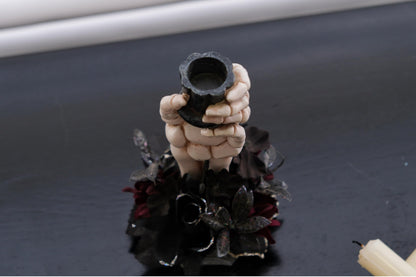 LushNook Halloween Candle Holder, Resin Skeleton Hand Candlestick with Black Faux Flower, Halloween Decor for Home Table, 7" Height