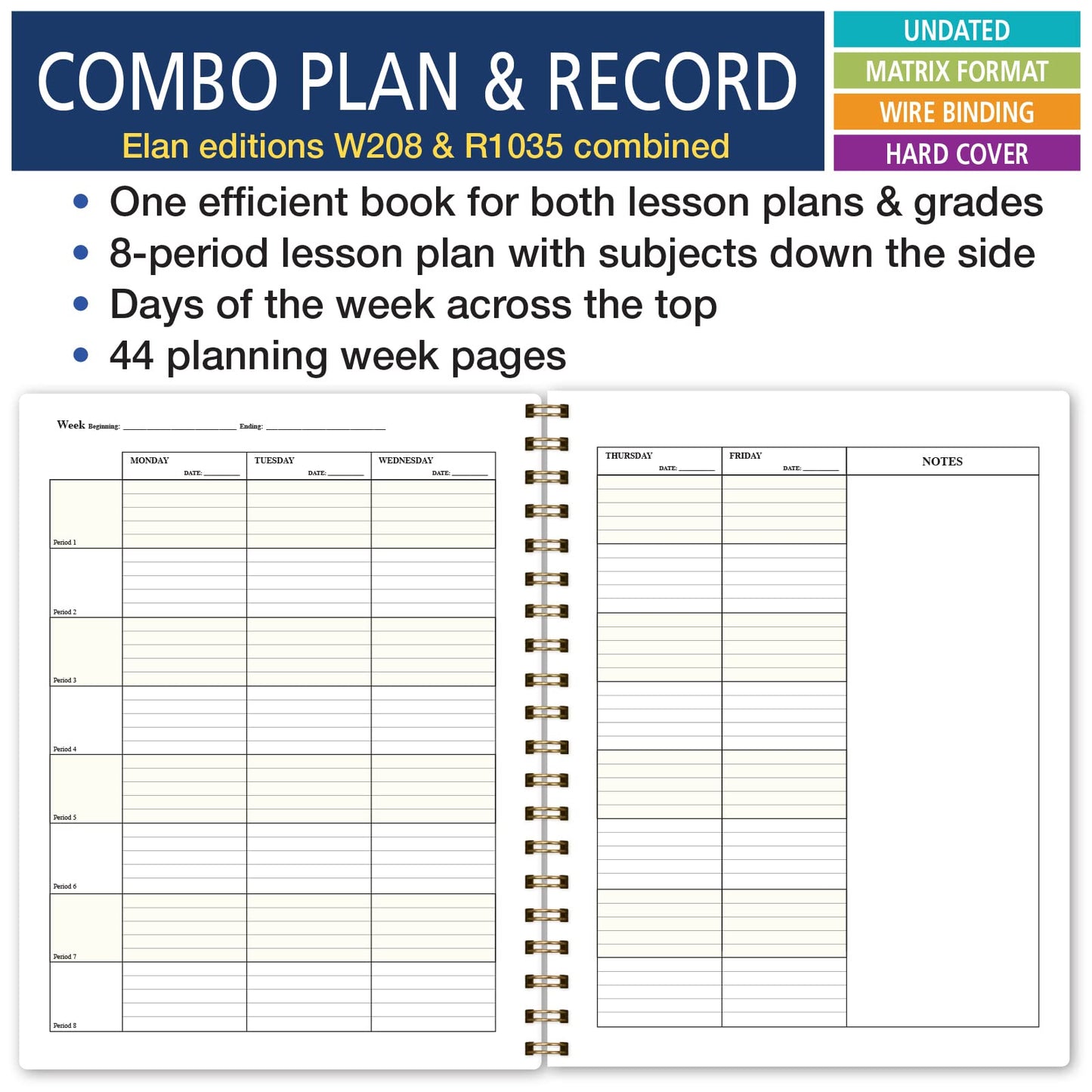 Elan Publishing Company HARDCOVER Combination Plan and Record Book - 8 Period Teacher Lesson Planner (Tree Seasons)