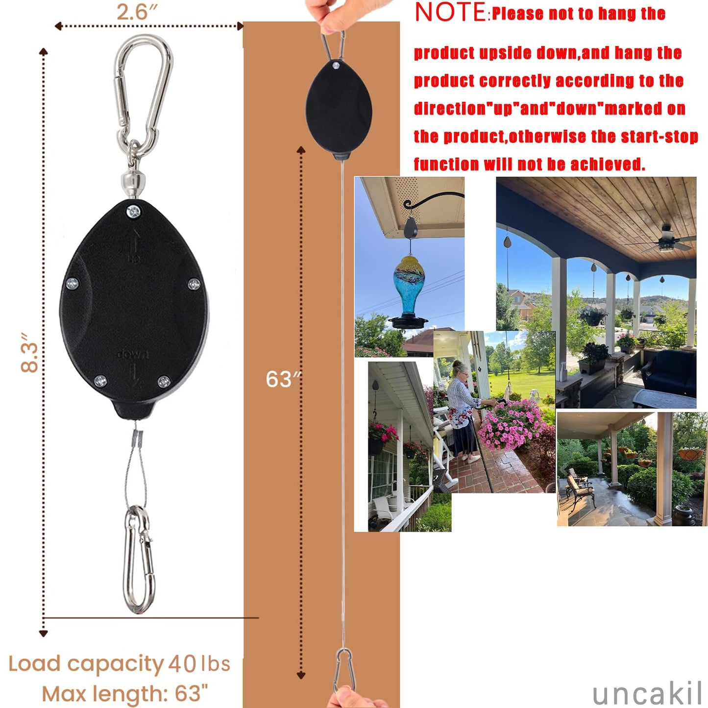 uncakil 2024 Plant Pulleys for Hanging Plants Heavy Duty,Upgraded Retractable Plant Hanger,Auto Raise and Pull Down,Outdoor Plant Pulley Set for Garden Baskets Pots,Birds Feeder(2*Black)