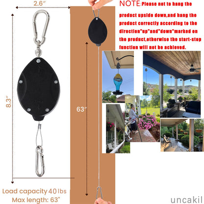 uncakil 2024 Plant Pulleys for Hanging Plants Heavy Duty,Upgraded Retractable Plant Hanger,Auto Raise and Pull Down,Outdoor Plant Pulley Set for Garden Baskets Pots,Birds Feeder(2*Black)