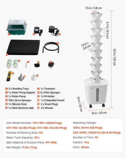 VEVOR Hydroponic Tower, 50 Pods 10 Tiers Hydroponics Growing System Kit with App Control & Casters, Vertical Home Garden with 20L Water Tank & Pump, Planter for Indoor Herbs, Fruits and Vegetables