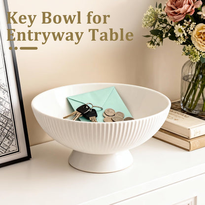 Gutedeal Small Decorative Bowl 8 Inch Multi-Use White Ceramic Fruit & Key Bowl for Kitchen, Entryway, Centerpiece Modern Handcrafted Home Decor Pedestal Bowl & Wedding Gift