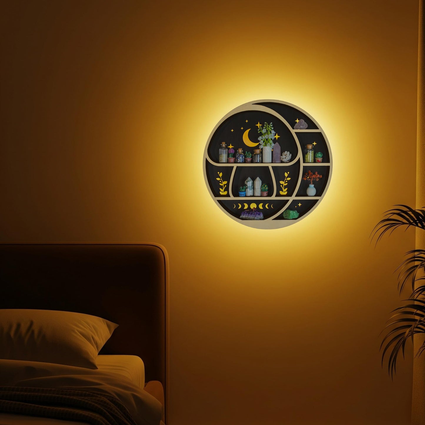 Circle Mushroom on The Moon Wall Shelf with LED, Wooden Trinket Knick Knack Shelf, Witchy Moon Decor Crystal Display Shelf for Rocks Gems Healing Stones, Celestial Room Decor Crystal Holder Organizer