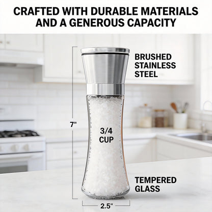Gorgeous Salt & Pepper Grinder Set — Refillable Stainless Steel & Glass Spice Mill with Adjustable Coarseness - Perfect For Himalayan Or Sea Salts, Fresh Ground Pepper, Or Fresh Spices (2 Pack)