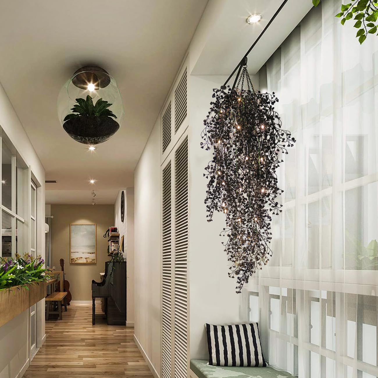 RECUTMS 2.5ft Artificial Hanging Plant with 30LED Lights Ferns Artificial Plants Large Faux Greenery Ivy 4pcs for Home Living Room House Wall Window Porch Office Wedding Decor (Black)