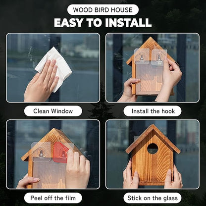 Window Bird Houses for Outside with 2 Powerful Hooks, Clear Window for Viewing Inside, Hanging Wooden Birdhouses with Weather Treated for Outdoors, Bird Nesting Box for Bluebird Finch Chickadee