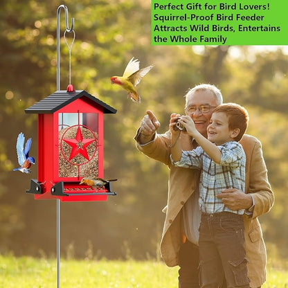 Squirrel Proof Bird Feeders for Outdoors with Weight-Activated, Metal 5LB Large Wild Bird Feeders for Cardinals,Blue Jay,Finch, Weatherproof Durable Hanging Bird Feeder for Backyard,Garden (Red)