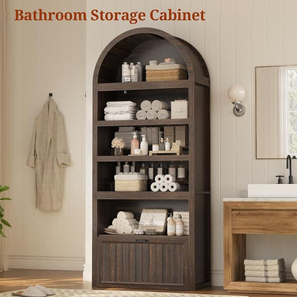 81" Tall Arched Cabinets,Bookcase with Drawer storage,Mid-Century Modern 5-Tier Bookshelf,2 Book Risers and Adjustable Shelves offering more storage space for Living Room,Kitchen,Home Office,Walnut