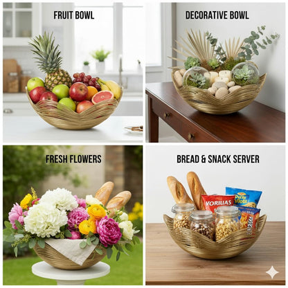 Mela Artisans 12 in Wide x 6 in Tall Gurez Valley Gold Metal Fruit Basket – Decorative Gold Wire Fruit Bowl for Kitchen Counter, Snacks, Flowers and Home Decor