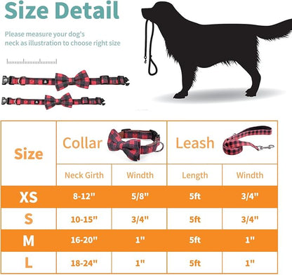 IVY&LANE Dog Collar with Bowtie and Leash Set | Plaid Adjustable Dog Collar | Detachable Bow Tie |5 FT Dog Leash | for Small Medium Large Dogs | Checkered Red | Large