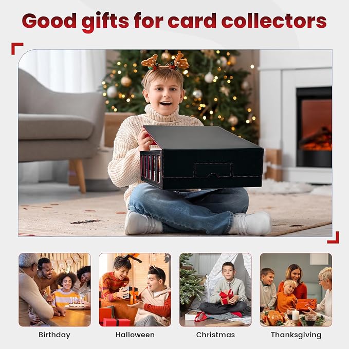 Red Trading Card Storage Box with Handle,5-Row Portable Game Case for 4000+ Cards, Leather Card Collection Case with Commander Display Window for MTG, Yugioh, and Sports Cards,Gifts for Card Collector