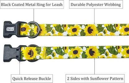 Dog Collar Leash Set, Floral Pattern, 5ft Matching Leash, Polyester Material, 4 for Small Medium Large Dogs.(S, Sunflower)