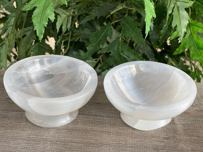 GAF TREASURES Gemstone Carved - 4" Diameter Selenite Crystal Polished Charging Bowl With Pedestal, Selenite Bowl On Stand