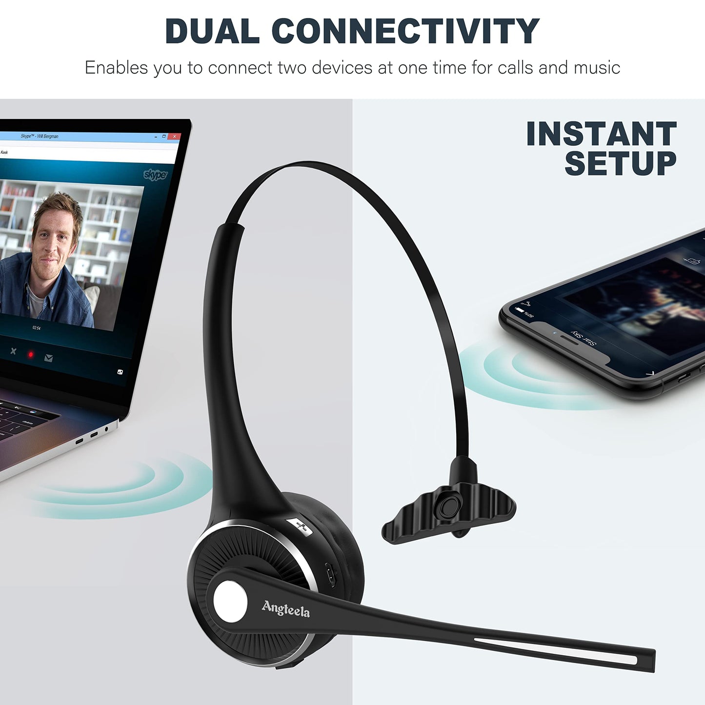 Angteela Trucker Bluetooth Headset with Microphone, Wireless Cell Phone Headset with Noise Canceling Mic Charging Base Mute Function for Home Office Call Center Skype (Black&Silver)