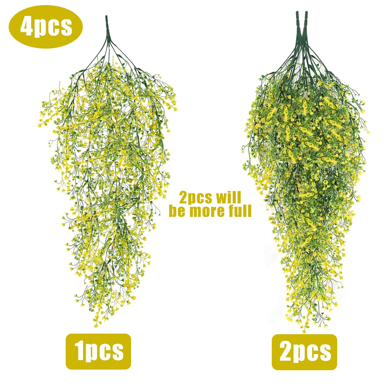 RECUTMS 4Pcs Artificial Hanging Ferns Plants with 30 Lights Fake Ivy Vine Faux Greenery Garland for Porch Fence Patio Yard Wedding Party Indoor Outdoor Decorations (Yellow)