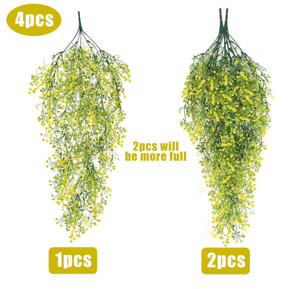 RECUTMS 4Pcs Artificial Hanging Ferns Plants with 30 Lights Fake Ivy Vine Faux Greenery Garland for Porch Fence Patio Yard Wedding Party Indoor Outdoor Decorations (Yellow)