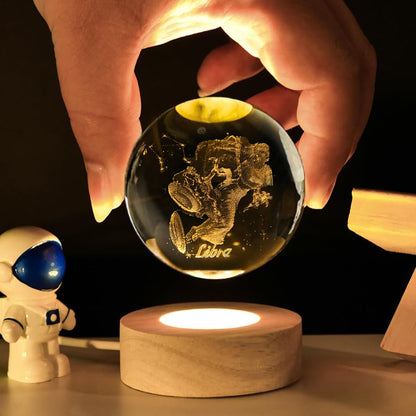 QIANCHANG 3D Laser Etched Libra Crystal Ball with LED Light Stand, Constellation Decor Glass Sphere Lamp, Zodiac Astrology Birthday Gifts for Women Kids