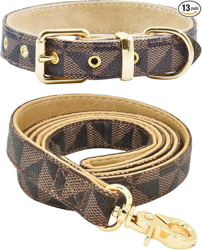 Leather Dog Collar and Leash Set, Check Pattern Dog Collar Leashes Metal Buckle Adjustable Durable for Small Medium Large Dogs (Brown, L(14.5-18.5IN))