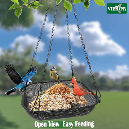 Hanging Bird Feeder for Outdoors – 11 in Square Metal Mesh Bird Feeder Tray Platform for Wild Birds, Black