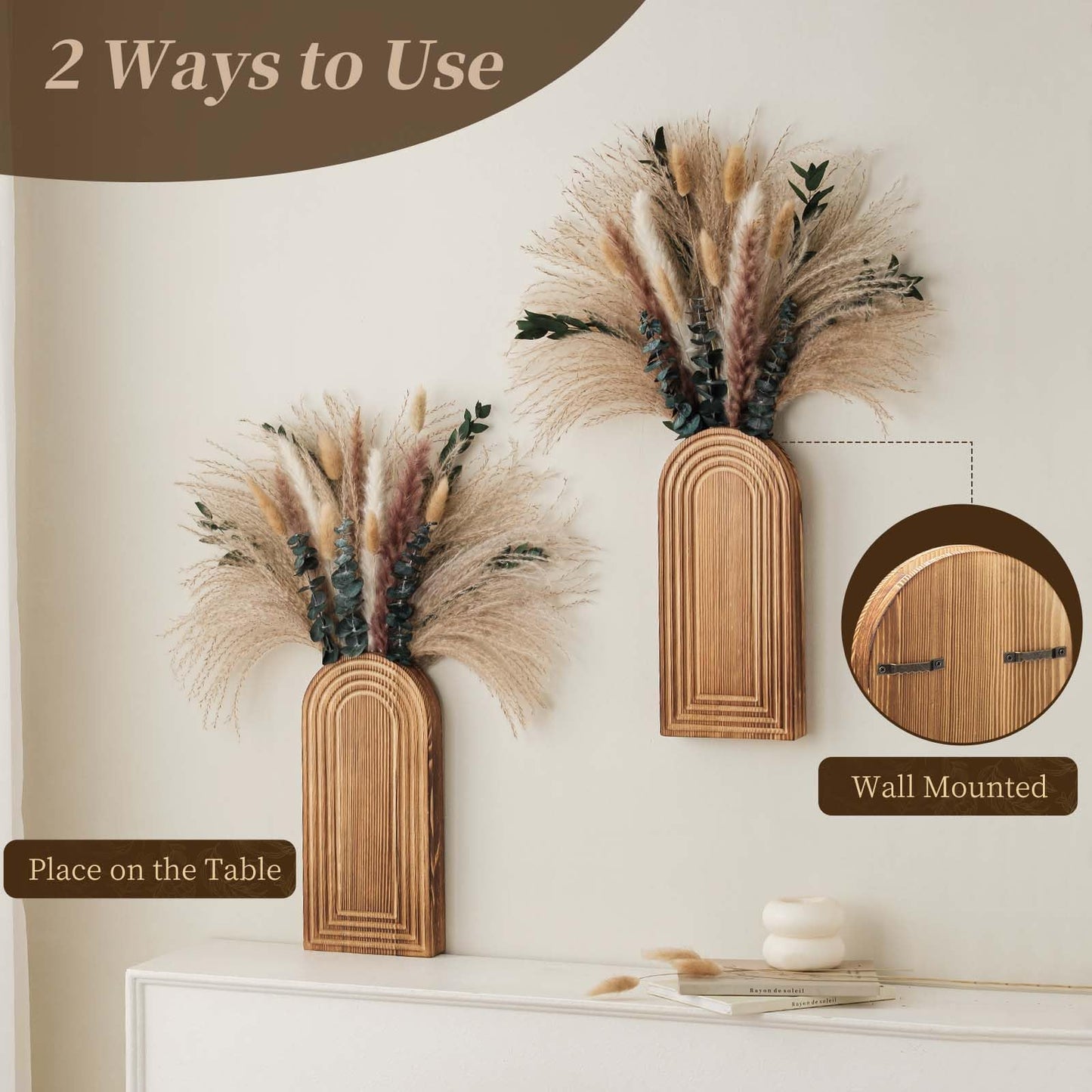 2 Pack Wooden Wall Vase Set with Pampas Grass Eucalyptus, Modern Farmhouse Boho Wall Decor for Living Room, Entryway, Hallway, Bathroom, Dining Room, Brown Wall Art for Home Decoration