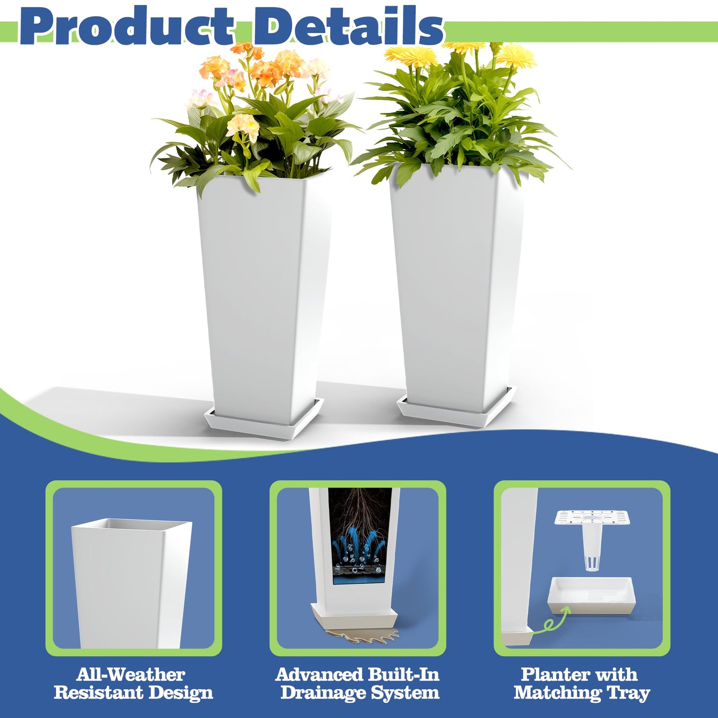 ART DEMO 23.6" Tall Outdoor Planters Large Tall Planter for Indoor or Outdoor, Set of 2 Tapered Square Flower Pots with Tray for Porch, Patio, Backyard(White)