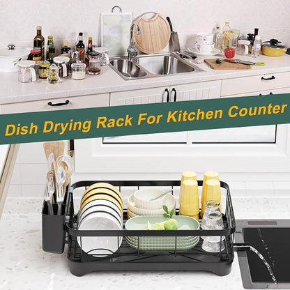 LIYI Dish Drying Rack,Adjustable Spout Design,Kitchen Dish Racks,Made of Iron Material,with Removable Draining Board,Suitable for Kitchen and Caravan Use Scenarios,Black