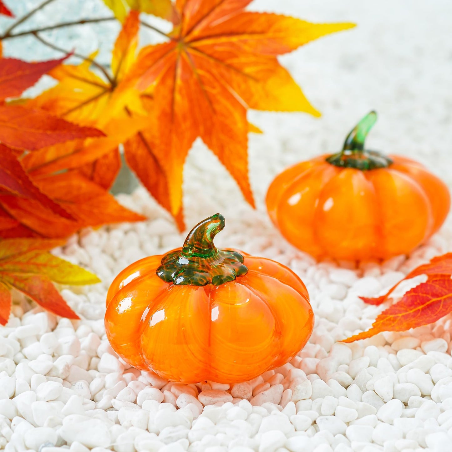 H&D HYALINE & DORA Halloween Glass Pumpkin Collectible Figurine, Blown Glass Pumpkin Fall Decorations for Home Fall Harvest Thanksgiving, Orange Crystal Art Pumpkin Paperweight