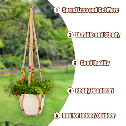 petonfun Macrame Plant Hanger Indoor Set,Hanging Planters for Indoor Plants Outdoor,Hanging Plant Holder Basket Pot with 8 Hooks,Boho Home Decor Crochet Beads Window Ceiling,No Tassels 4 Pack,Brown