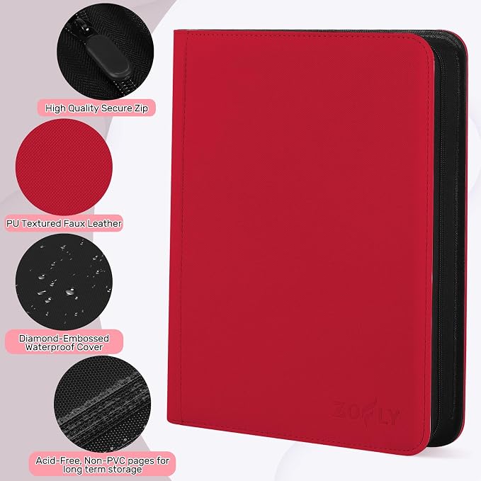 1000+ Pockets Trading Card Binder, 16 Pocket Zipper Binder Card Album, 32 Pack Double-sided Side Loading Non-Ring Card Binder, Card Holder Folders for MTG, TCG, Game Cards & Sports Cards, Red