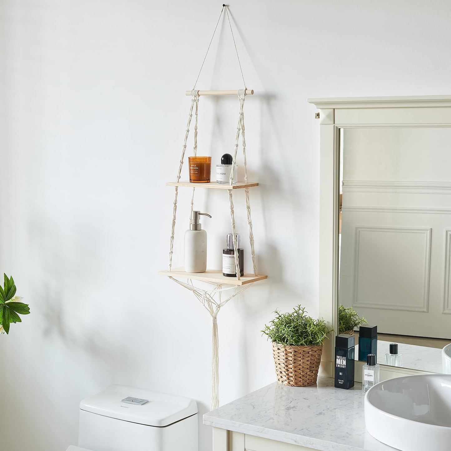 YYHTYZ 2 Tier Wooden Hanging Shelf, Boho Hand-Woven Cotton Wall Hanging Rack, Solid Wood Board, Featuring a Storage Net at the Bottom, Designed for Wall Mounting, Hanging Storage Shelves