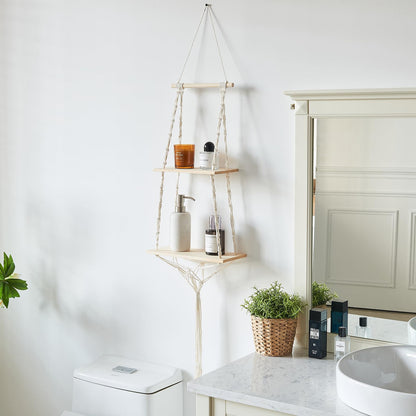 YYHTYZ 2 Tier Wooden Hanging Shelf, Boho Hand-Woven Cotton Wall Hanging Rack, Solid Wood Board, Featuring a Storage Net at the Bottom, Designed for Wall Mounting, Hanging Storage Shelves