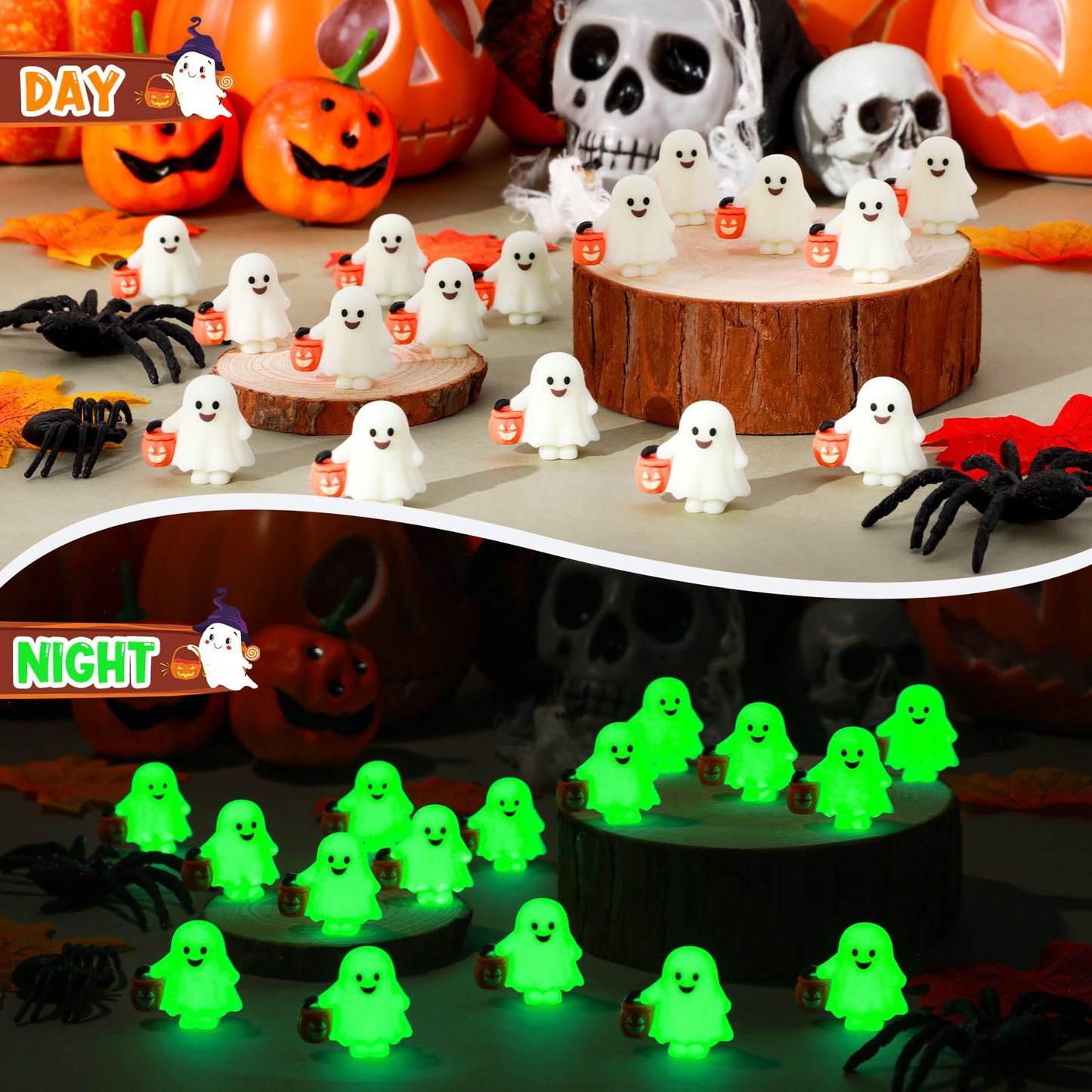 Simgoing 60 Pcs Halloween Mini Ghosts Figures Luminous Little Ghost Figures Glow in Dark Mini Statues Figurines to Hide and Seek Trick or Treat Gifts for Halloween Party Favors Dollhouse Toys