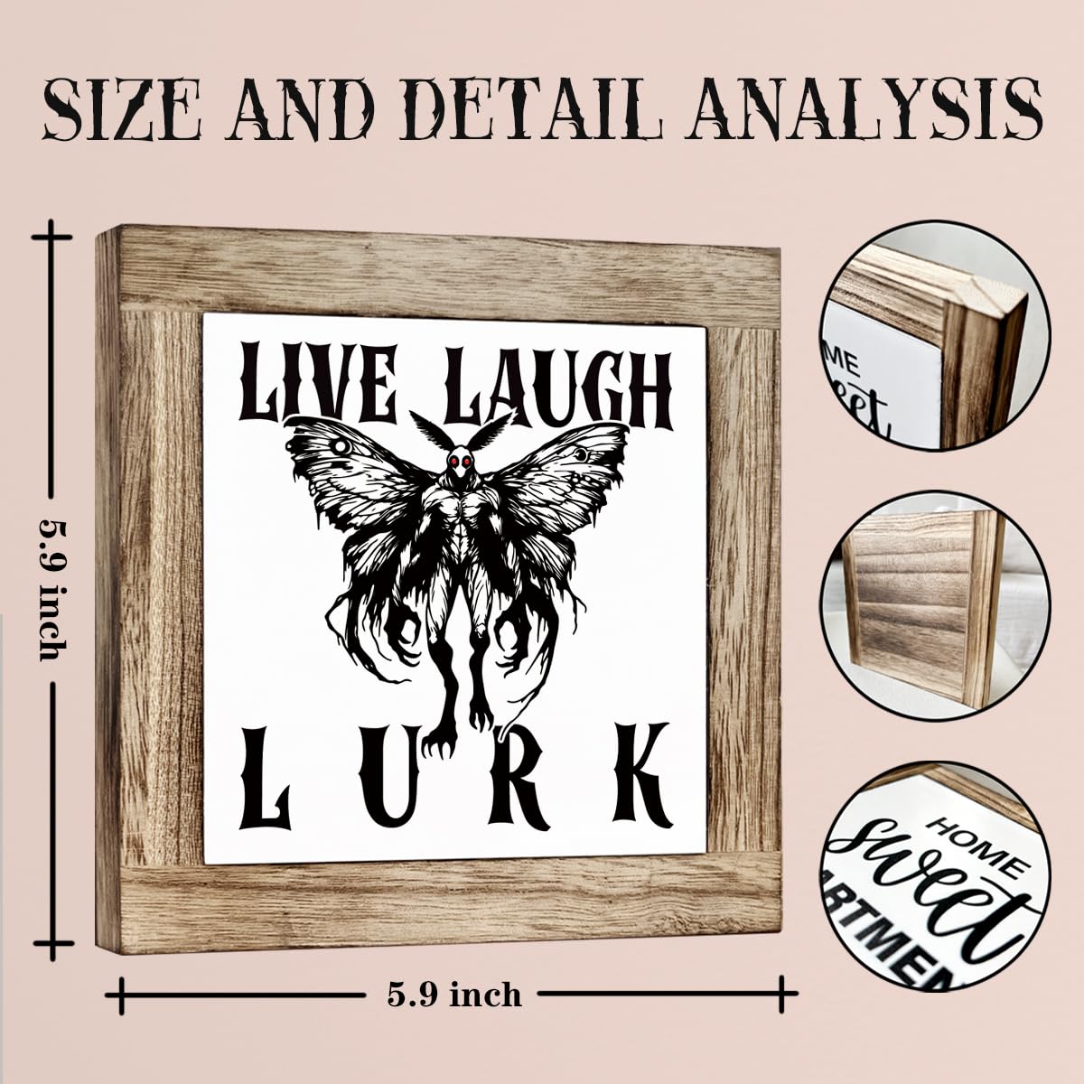 Halloween Wooden Sign, Mothman Square Wood Block Sign Table Decor, Horror Style Office Desk Signs, Rustic Wooden Table Top Decor, Freestanding Home Decoration 5.9x5.9 Inches