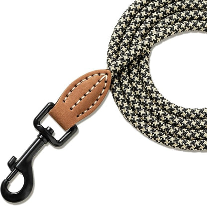 Mile High Life Small Dog Leash, Thin Rope Leash with Genuine Leather Connection and Heavy Duty Metal Clasp, Great for Small Medium Dogs(Black Khaki,72 Inch-1/3)