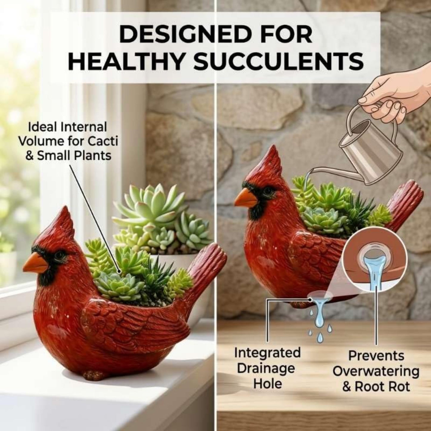 Cardinal Bird Succulent Planter,Resin Decorative Flower Pot for Indoor Plants, Cute Red Bird Planter for Garden Windowsill Desk Decor Unique Gift (Red)