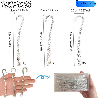 15 Pack Metal Bookmark - Silver Metal Bookmark Hairpin Hook Carved Antique Vintage with Loop Book Markers Embossed Bookmarks, Jewelry Making Charms