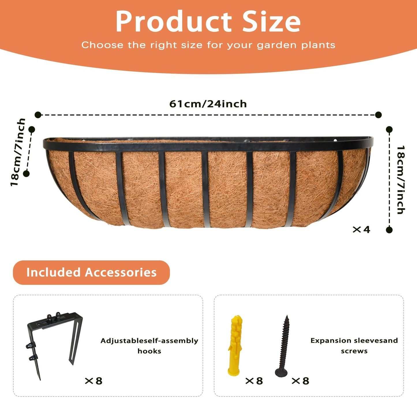 ZVOWOS 4 Pack 24" Railing Planter Window Box with Coco Fiber Liner Horse Trough Planter The Railing Planter Boxes for Deck Porch Fence Outdoor