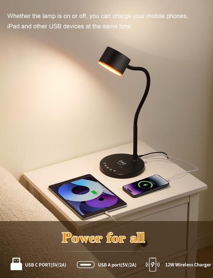 LED Desk Lamp with Wireless Charger, USB C + A Charging Ports, Eye-Caring Metal Bedside Lamp, 5 Colors Stepless Dimmable Reading Lamp, Touch Table Lamp Gooseneck Lamp for Home Office Dorm Black
