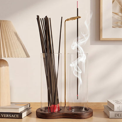 2 in 1 Mess-Free Hanging Incense Holder for Sticks, Anti-Ash Glass Incense Burner with Wooden Tray, Vertical Brass Stand Catcher, Aesthetic Zen Room Decor for Aromatherapy and Meditation