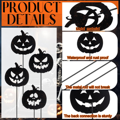 Chunful 4 Pcs Halloween Decorative Garden Stakes Jack O Pumpkin Garden Stakes for Flower Planter Pot Outdoor Metal Yard Sign Day of The Dead Decorations Halloween Patio Lawn Decor