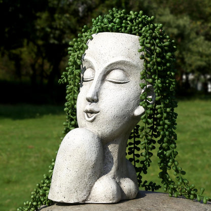 FIMOFIDRE Face Head Planter Pots for Indoor Outdoor Plants Large Flower Pots Unique Succulent Planter with Drainage Hole Creative Lady Pot Resin Women Statue Vase Garden Decor- 11.4 x 8.7 x 5.5 Inch