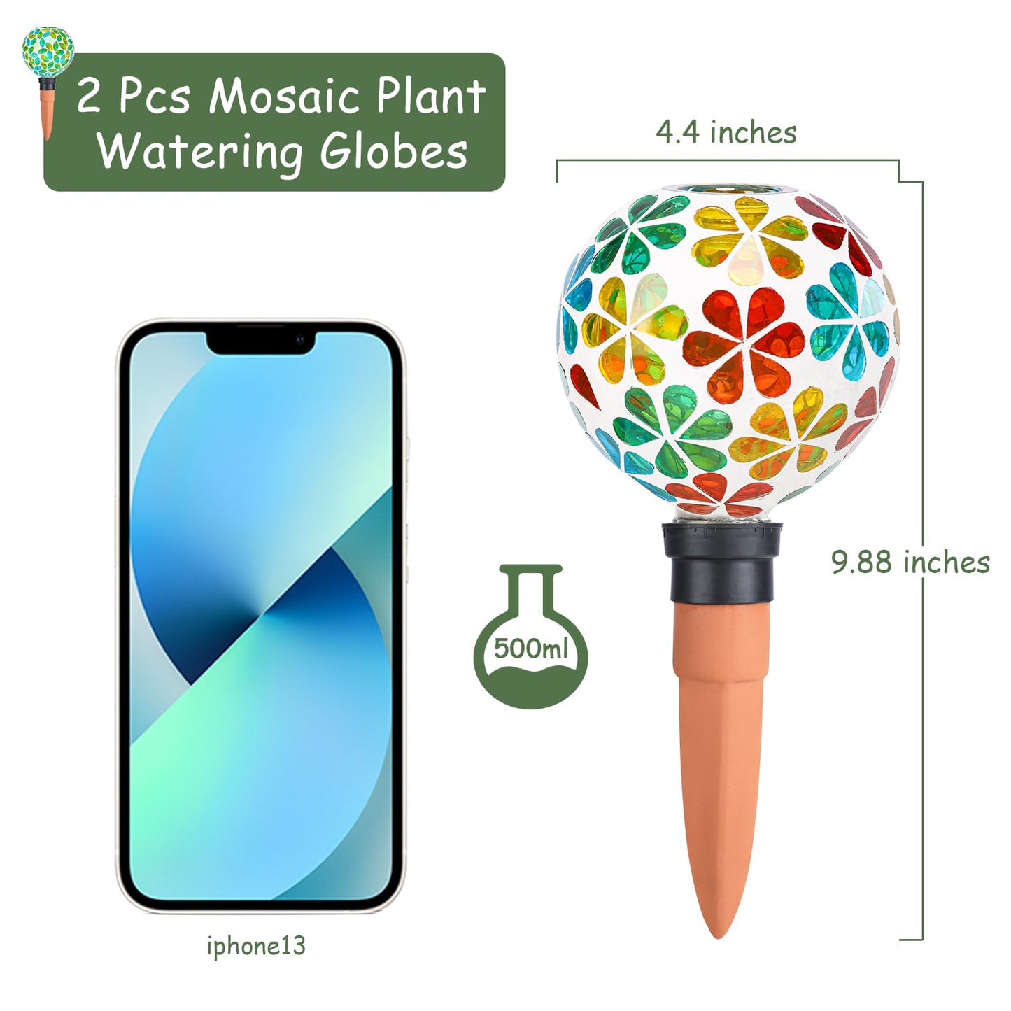 Chonsun Plant Watering Globes Mosaic Self Watering Spikes 2 Pack Large Self Watering Planter Insert Automatic Watering Device Outdoor Indoor Decoration