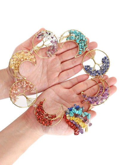 Top Plaza Life Tree Chakra Stones Decor Raw Healing Crystals Gemstones 7 Chakra Hanging Ornament Boho Moon Wall Decoration for Good Luck Yoga Meditation Feng Shui Decor