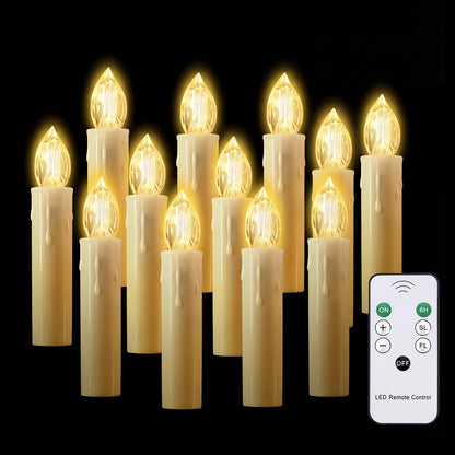 JOSU Flameless Christmas Trees Candles, 12Pcs Led Flickering Lights Battery Operated Candlesticks with Remote Timer/Clips, Warm White Window Taper Candles for Home Wedding Halloween Birthday Decor