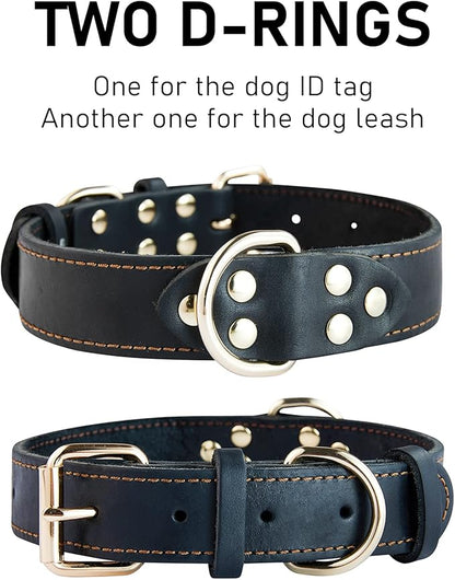Genuine Leather Dog Collar, Heavy Duty Wide Dog Collar for Small, Medium, Large and Extra Large Dog (XL: 1.4" Wide for 18.6"-25.8" Neck, Single Stitch - Black)