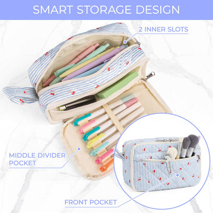 WOBAGMEN Quilted Pencil Pouch for Girls Women, Large Pencil Case Pouch with Compartments Cute Aesthetic Pencil Case Organizer, Floral Pencil Bag for School Supplies (Striped Cherry)