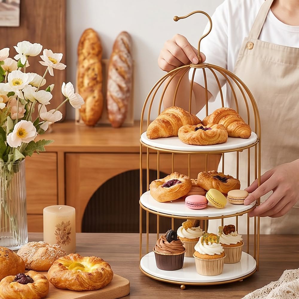 AIJIDIWO Gold Bird Cage Cupcake Stand Set, 2-Piece 3-Tier and 2-Tier Acrylic Dessert Display Trays, Metal Serving Stands for Wedding, Birthday, Baby Shower, Tea Party and Buffet Table Decor
