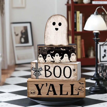 Lineshading 4 Pcs Halloween Table Decoration Wooden Ghost Tiered Tray Decoration Rustic Wood Ghost Block Signs Gift Halloween Centerpiece Farmhouse for Home Tabletop Kitchen Shelf