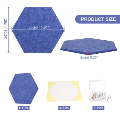 PATIKIL Felt Bulletin Board, 12"x10", 6 Packs Self Adhesive Hexagon Felt Tiles for Sound Proofing Wall Panels for Home Office Recording Studio,Game Room, Blue
